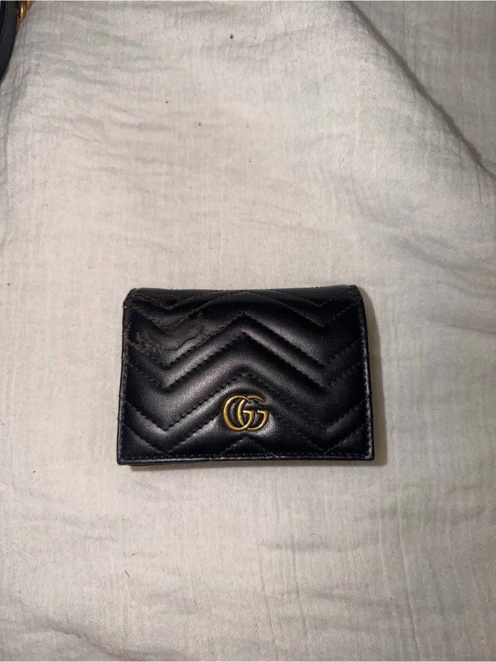 Gucci Black Chevron Quilted Leather Card Holder with Gold GG